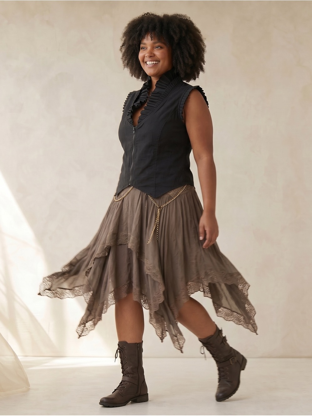 The Fairies Pyjamas Black Lace Up Corset Ruffle Vest XL